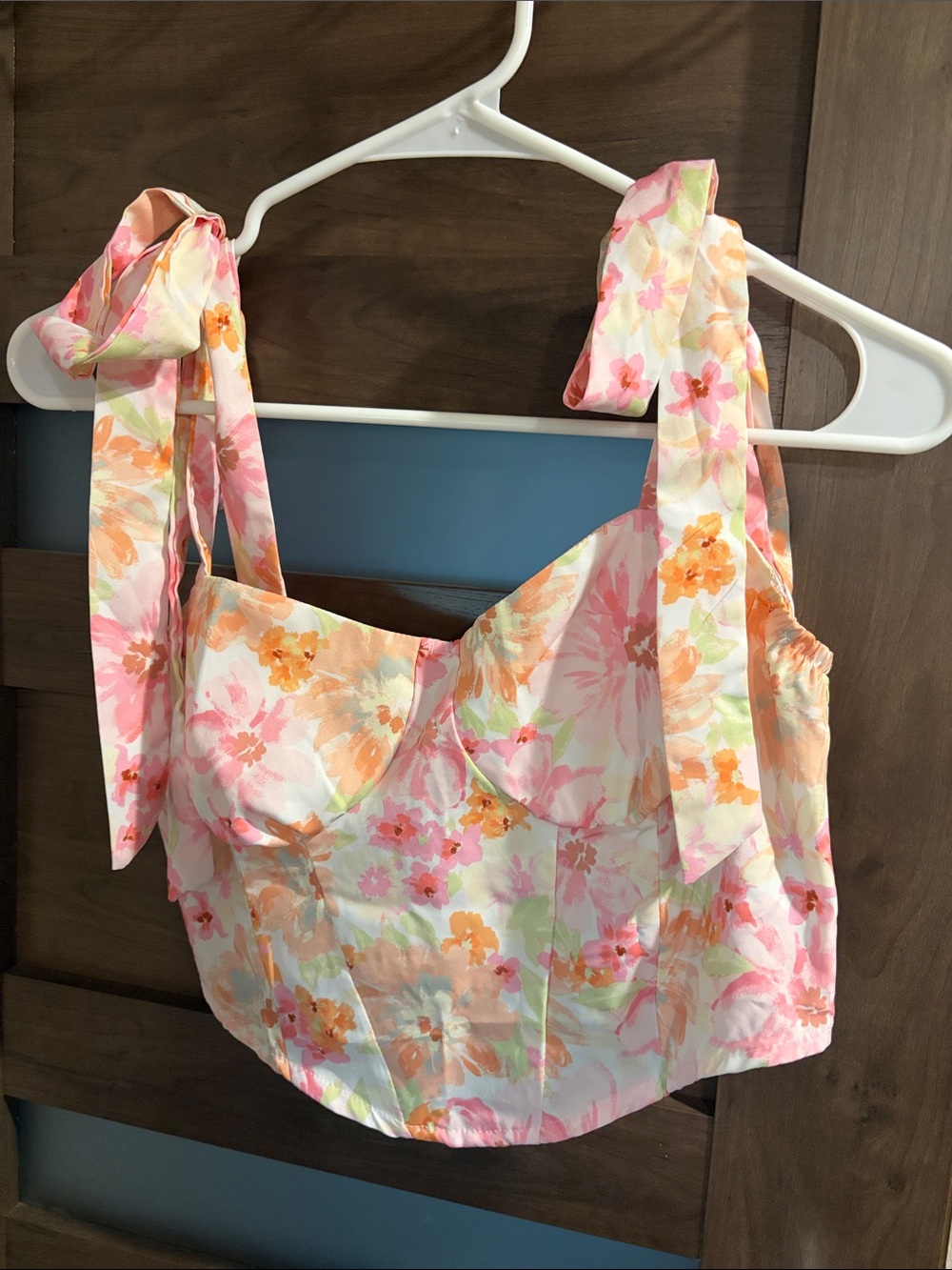SHEIN Pink Orange Floral Tie-Shoulder Crop Top